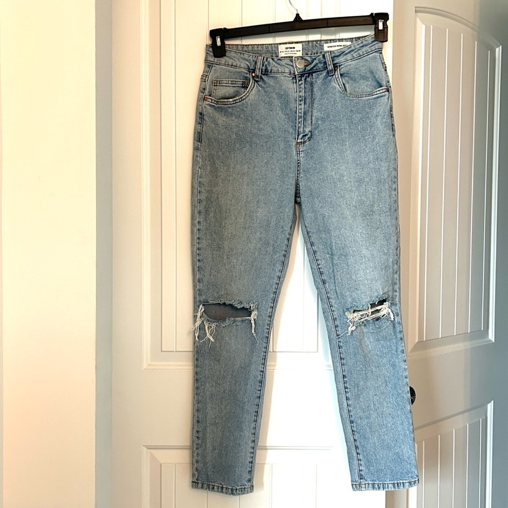 Distressed Stretch Mom Jeans Blue High Waist 5 Pocket Medium Wash Cotton-On 10